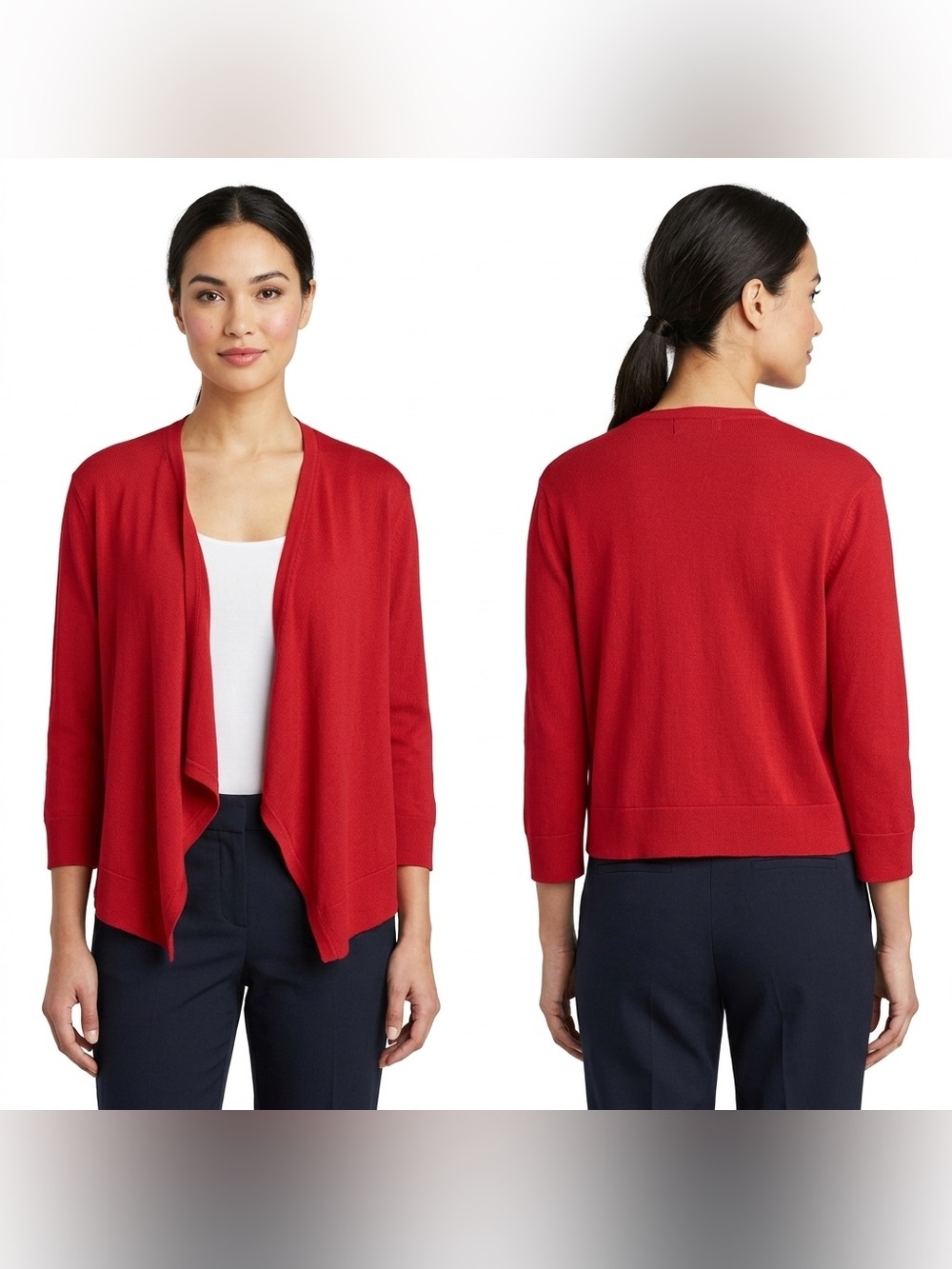 Ronni Nicole Red Open Front Cascade Draped Cardigan Size M